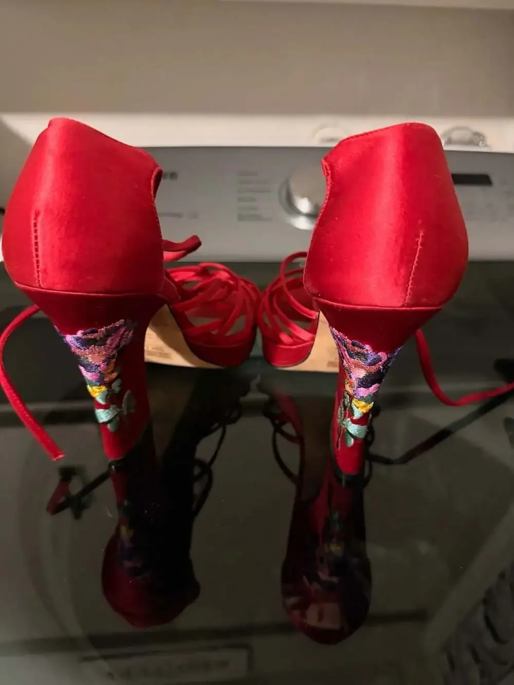 JL by Jennifer Lopez Red Satin Strappy Floral Embroidered Platform Heels